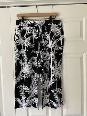 Kim Gravel Black and White Palm Print Cropped Drawstring Pants